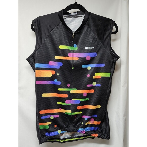 Aogda Colorful  Full-Zip Cycling Shirt Jersey Sz L Mesh Sides 3 Pouches In Back - Picture 1 of 16